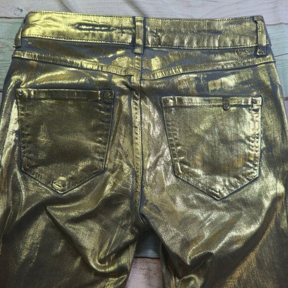 Gold Metallic Skinny Jeans With Rhinestone Embellishment By Døshe Women's Size 2 - Picture 2 of 9